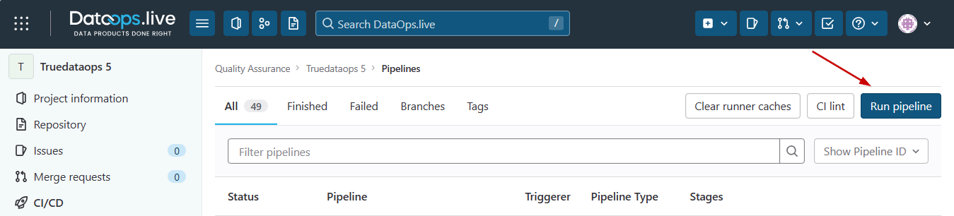 Pipelines view highlighting Run pipeline button !!shadow!!