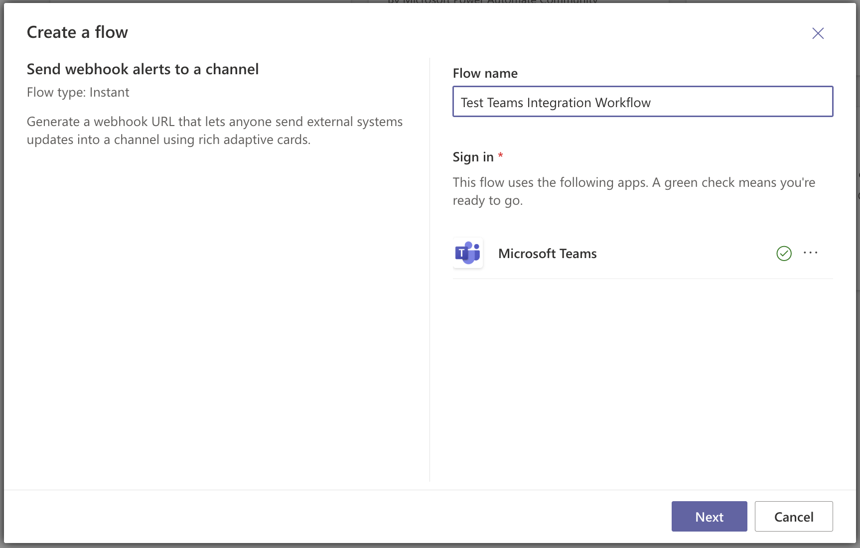 select teams team to add WebHook to !!shadow!!