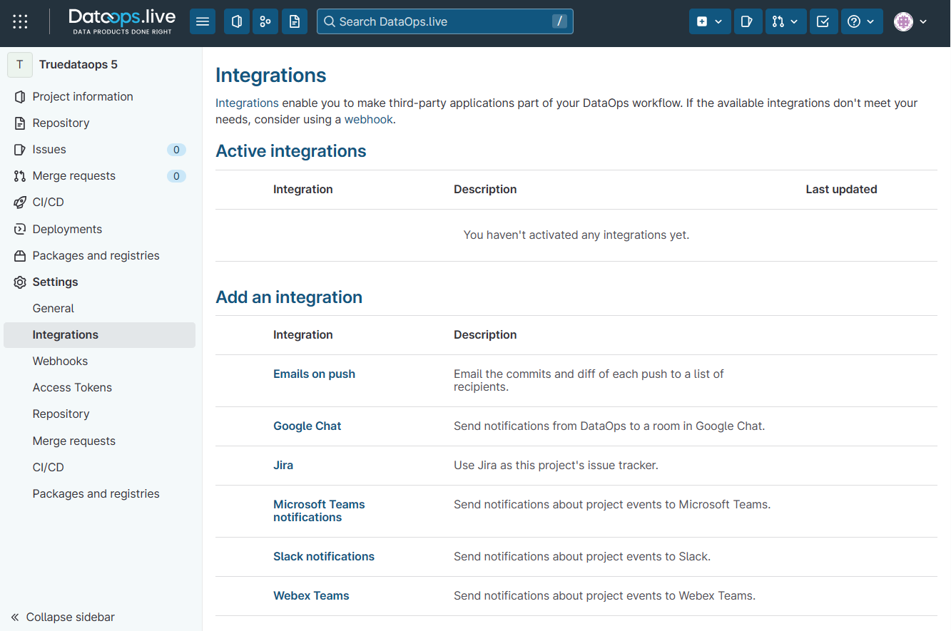 integrations view under the settings menu of dataops project !!shadow!!