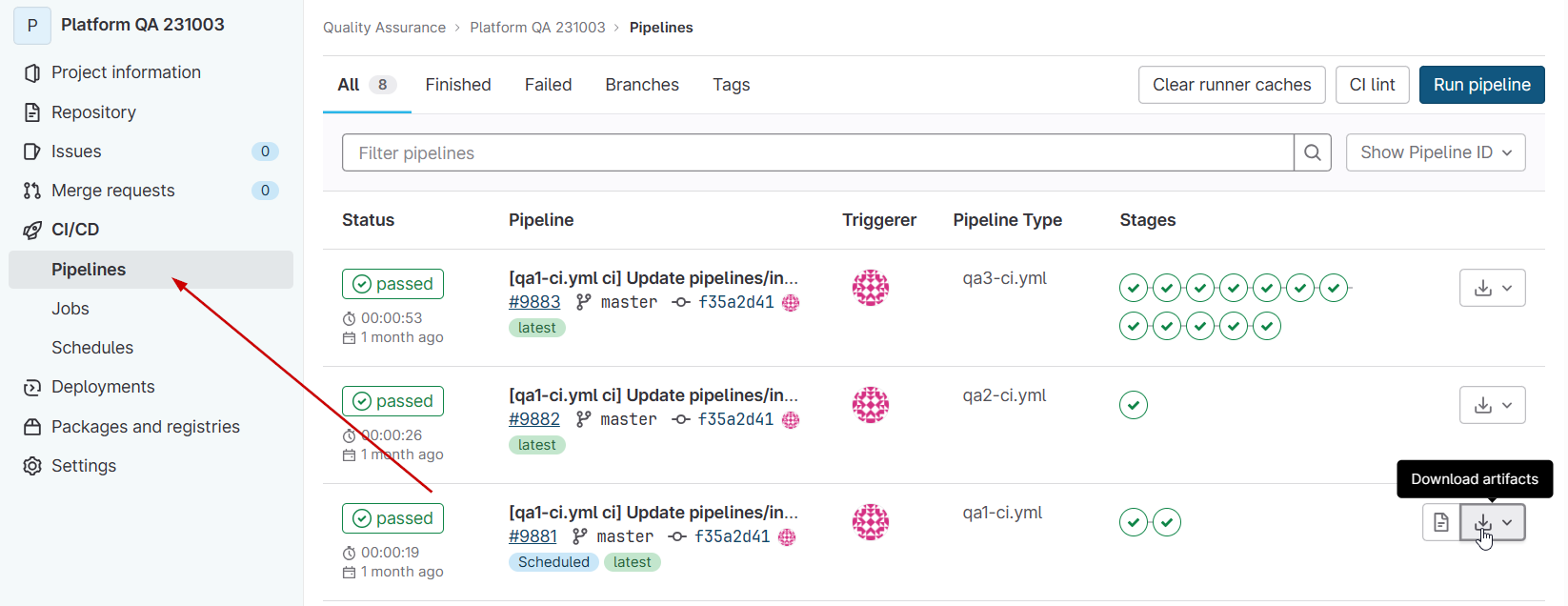 screenshot how to navigate to and list all pipeline runs !!shadow!!